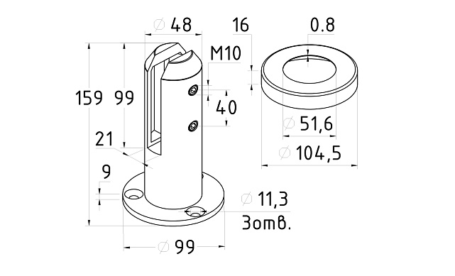 Стеклодержатель литой напольный, круглый Ø50.8х160 мм, шлифованный (aisi 304) Фk276-2 2 Стеклодержатель литой напольный, круглый Ø50.8х160 мм, шлифованный (aisi 304) Фk276-2 2