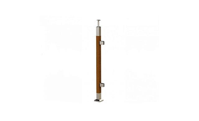 Готовая стойка 40х40х950 мм, деревянная, со вставками из нержавеющей стали 2х100 мм с 2 зажимными стеклодержателями k740-4-R
