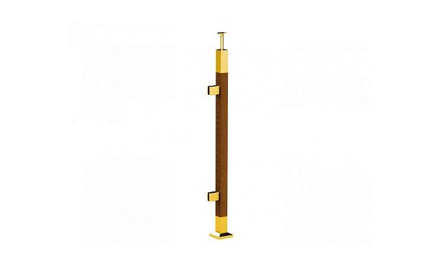 Готовая стойка 40х40х950 мм, деревянная, со вставками из нержавеющей стали 2х100 мм с 2 зажимными стеклодержателями, под золото k740-4-L-G