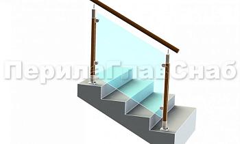 Ограждение с круглым деревянным поручнем с зажимными стеклодержателями и стойками с деревянными вставками в Челябинске. Готовые проекты ПерилаГлавСнаб