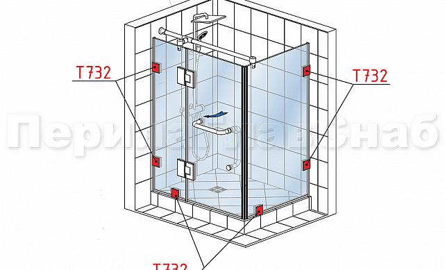 Коннектор для душевой кабины стена-стекло 90° 45х45 мм латунь-хром, полированный t732 PC 2