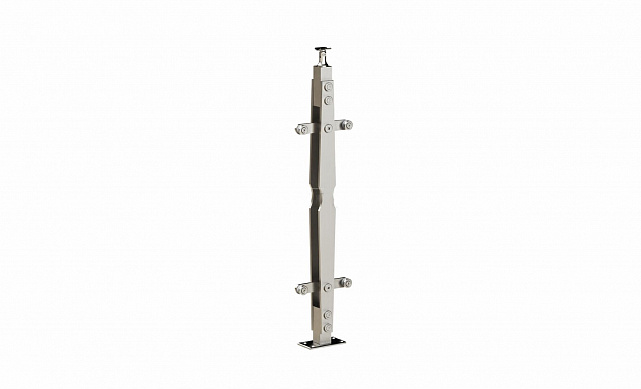 Стойка эксклюзивная из двух пластин с двумя пластинчатыми стеклодержателями, крепление в пол, регулируемый ложемент (AISI 304) k769 Стойка эксклюзивная из двух пластин с двумя пластинчатыми стеклодержателями, крепление в пол, регулируемый ложемент (AISI 304) k769