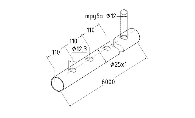 Труба AISI 304 25х1х6000, с перфорацией под  Ø12, 30°, GRIT 600 837-5 Труба AISI 304 25х1х6000, с перфорацией под  Ø12, 30°, GRIT 600 837-5