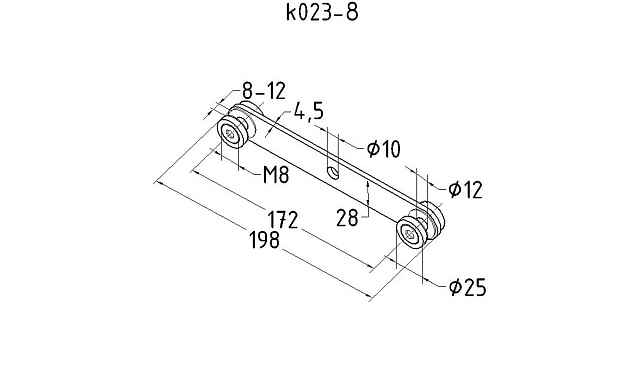 Стеклодержатель пластинчатый 3хМ8, по центрам 170х5 мм, полированный, шайбы 5 мм штамп., под стекло 6-12 мм, AISI 316 k023-8 2