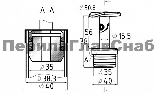Наконечник палец с алюминиевой системой фиксации на стойке Ø38.1х1.5 мм, регулируемым ложементом под поручень Ø50.8 мм, полированный, литой, нержавеющий (AISI 304) k204 2 Наконечник палец с алюминиевой системой фиксации на стойке Ø38.1х1.5 мм, регулируемым ложементом под поручень Ø50.8 мм, полированный, литой, нержавеющий (AISI 304) k204 2