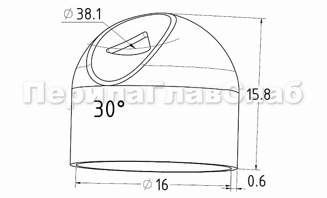Наконечник штампованный (СПС) косой 30° на трубу Ø16 мм, для поручня Ø38.1 мм, полированный, нержавеющий, 400Grit, AISI 304, k212-2 2 Наконечник штампованный (СПС) косой 30° на трубу Ø16 мм, для поручня Ø38.1 мм, полированный, нержавеющий, 400Grit, AISI 304, k212-2 2