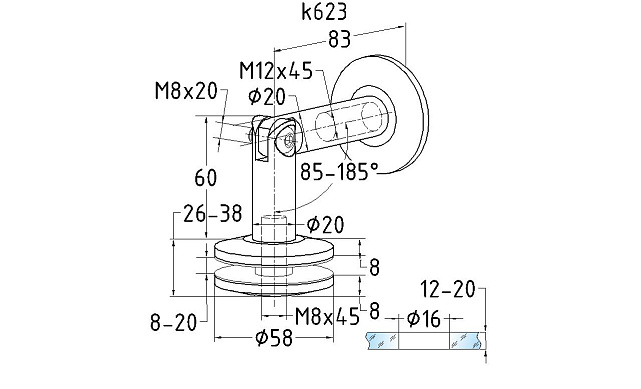 Крепление стекла к стене, шлифованное, AISI 304 k623 3