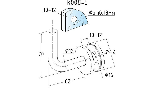 Держатель поручня к стеклу, вынос 60х70, Ø43х5 мм для стекла 10-12мм, (AISI 304) k008-5 2 Держатель поручня к стеклу, вынос 60х70, Ø43х5 мм для стекла 10-12мм, (AISI 304) k008-5 2