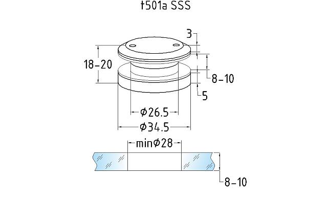 Точечный стеклодержатель 6 мм, нерегулируемый, без зенковки, для стекла 8-10 мм t501A SSS 2
