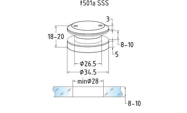Точечный стеклодержатель 6 мм, нерегулируемый, без зенковки, для стекла 8-10 мм t501A SSS 2 Точечный стеклодержатель 6 мм, нерегулируемый, без зенковки, для стекла 8-10 мм t501A SSS 2