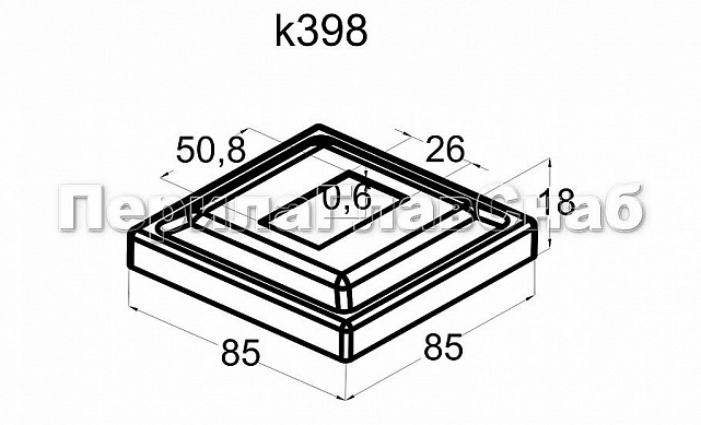 Низ стойки под трубу 50х25 мм, 84х84х0.6 мм, высота 17 мм, полированный (AISI 304) k398 2 Низ стойки под трубу 50х25 мм, 84х84х0.6 мм, высота 17 мм, полированный (AISI 304) k398 2