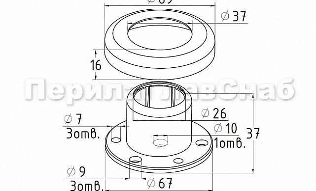 Цанга под трубу Ø25.4 мм, полированная #600, AISI 304, 3 отв. Ø7 мм, 3 отв. Ø9 мм, k343 2