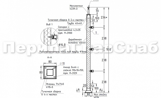 Готовая стойка 40х40х950 мм, деревянная, со вставками из нержавеющей стали 2х100 мм с 3 ригеледержателями k740-1-G 2 Готовая стойка 40х40х950 мм, деревянная, со вставками из нержавеющей стали 2х100 мм с 3 ригеледержателями k740-1-G 2