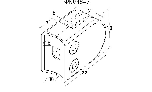 Стеклодержатель штампованный под стекло 8 мм (4+4 мм), под стойку Ø38.1 мм 40х24х54, шлифованный (AISI 304) Фk038-2 2 Стеклодержатель штампованный под стекло 8 мм (4+4 мм), под стойку Ø38.1 мм 40х24х54, шлифованный (AISI 304) Фk038-2 2