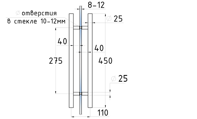 Ручка для стеклянной двери рейлинг двухсторонняя для стекла 8-12 мм, 25x275x450 мм, полированная t633-450 PSS 2 Ручка для стеклянной двери рейлинг двухсторонняя для стекла 8-12 мм, 25x275x450 мм, полированная t633-450 PSS 2