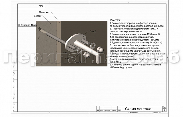 Комплект фурнитуры для козырька с двойным кронштейном стена-тяга 1200х1200 (на вантах/тягах) k671-12-12-2 3