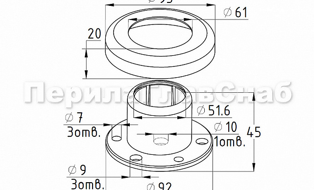 Цанга под трубу Ø50.8 мм, полированная, низ 10х90 под анкер 10 мм, 3 анкера М8, (AISI 304) k220 2 Цанга под трубу Ø50.8 мм, полированная, низ 10х90 под анкер 10 мм, 3 анкера М8, (AISI 304) k220 2