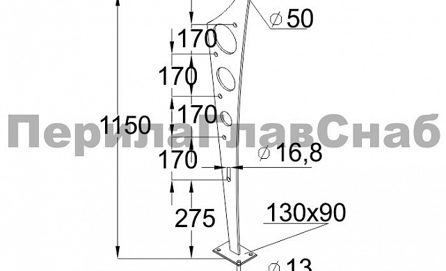 Стойка эксклюзивная с 5 отверстиями под ригель, крепление в пол, нерегулируемый ложемент (AISI 304) k765 2 Стойка эксклюзивная с 5 отверстиями под ригель, крепление в пол, нерегулируемый ложемент (AISI 304) k765 2