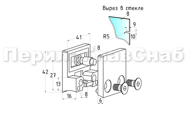 Стеклодержатель литой квадратный с вставками под стекло 8-10 мм (4+4 мм), на стойку Ø38.1 мм, 41х22х42, полированный, (AISI 304) k004-10 2