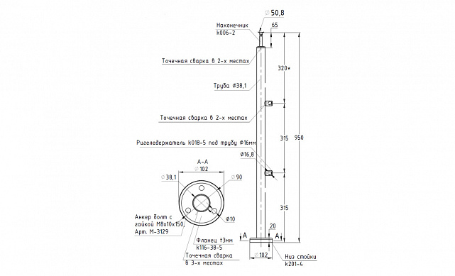 Стойка круглая Ø38.1: 2 ригеледержателя, полированная, высота 950 мм (AISI 304) k712 3 Стойка круглая Ø38.1: 2 ригеледержателя, полированная, высота 950 мм (AISI 304) k712 3