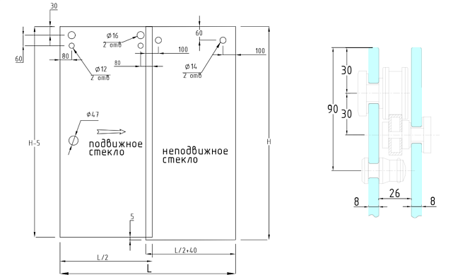Комплект раздвижной системы для душевой, AISI 304, шлифованный t401 SSS 4