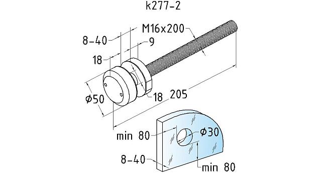 Комплект торцевого крепления несущего стекла, шпилька AISI316, гайка-шайба Ø50х10х18 мм с внутренней резьбой М16, полированный k277-2 3