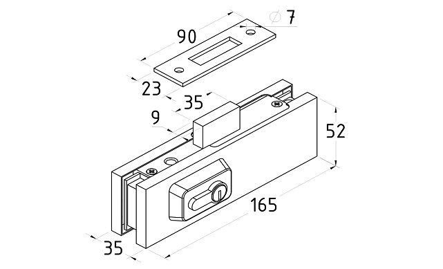 Замок центральный с прямоугольным ригелем, полированный, вырез 13 t152 PSS 4 Замок центральный с прямоугольным ригелем, полированный, вырез 13 t152 PSS 4