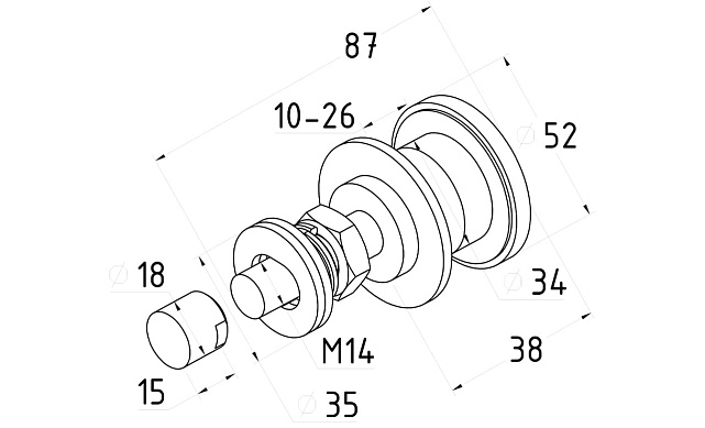 Рутель под стекло 10-26 мм, шпилька М14, регулируемый, разборный (AISI 304) k269-6 4 Рутель под стекло 10-26 мм, шпилька М14, регулируемый, разборный (AISI 304) k269-6 4