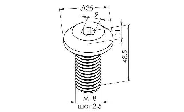 Крепежный винт с резьбой М18 для крепления спайдера, длина 50 мм, шаг резьбы 2,5 мм (AISI316) k652-2 2 Крепежный винт с резьбой М18 для крепления спайдера, длина 50 мм, шаг резьбы 2,5 мм (AISI316) k652-2 2