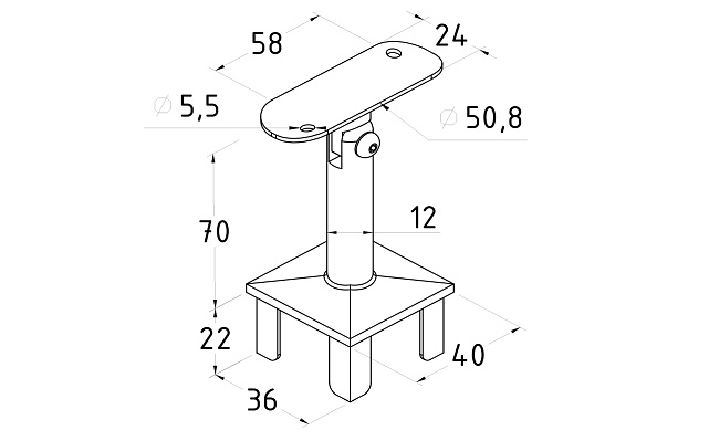 Наконечник палец на стойку из профильной трубы 40х40 мм, с регулируемым ложементом под поручень Ø50.8 мм, полированный, литой, облегченный нержавеющий AISI 304 k239-3 2