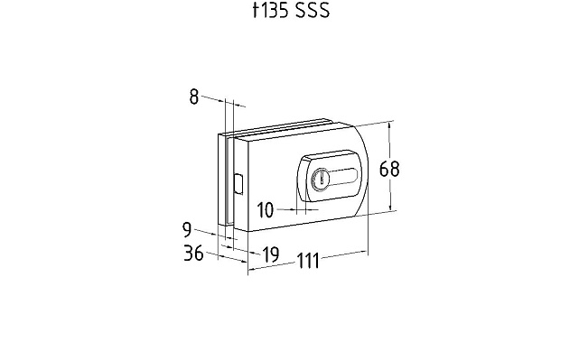 Замок для стеклянной двери вертикальный с ответной частью на стену и пол, шлифованный, вырез 15 t135 SSS 4 Замок для стеклянной двери вертикальный с ответной частью на стену и пол, шлифованный, вырез 15 t135 SSS 4