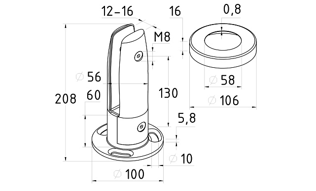 Стеклодержатель литой напольный, круглый, для стекла 12-16  мм, полированный (AISI 304) k176-2 3 Стеклодержатель литой напольный, круглый, для стекла 12-16  мм, полированный (AISI 304) k176-2 3