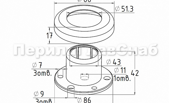 Цанга под трубу Ø42.4 мм, полированная #600, AISI 304, 3 отв. Ø7 мм, 3 отв. Ø9 мм, k334 2 Цанга под трубу Ø42.4 мм, полированная #600, AISI 304, 3 отв. Ø7 мм, 3 отв. Ø9 мм, k334 2