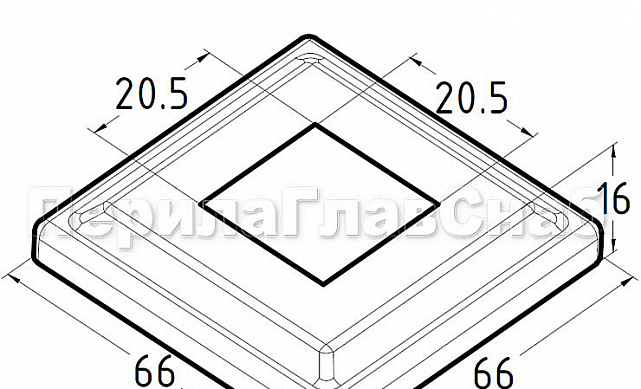 Низ стойки под трубу 20х20 мм, 66х66, высота 16 мм, полированный (AISI 304) k397 2 Низ стойки под трубу 20х20 мм, 66х66, высота 16 мм, полированный (AISI 304) k397 2