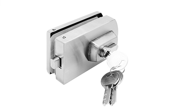 Замок для стеклянной двери вертикальный с ответной частью на стену и пол, шлифованный, вырез 15 t135 SSS 6 Замок для стеклянной двери вертикальный с ответной частью на стену и пол, шлифованный, вырез 15 t135 SSS 6