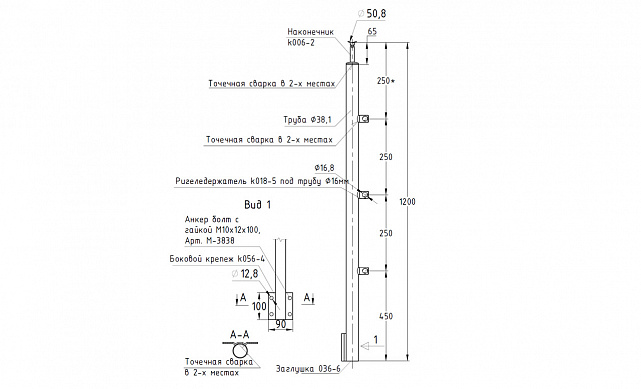 Стойка круглая Ø38.1: 3 ригеледержателя, полированная, боковой крепеж, высота 1200 мм (AISI 304) k753 2