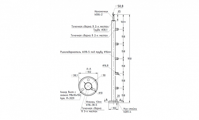 Стойка круглая Ø38.1: 5 ригеледержателей, полированная, высота 950 мм (AISI 304) k715 2 Стойка круглая Ø38.1: 5 ригеледержателей, полированная, высота 950 мм (AISI 304) k715 2