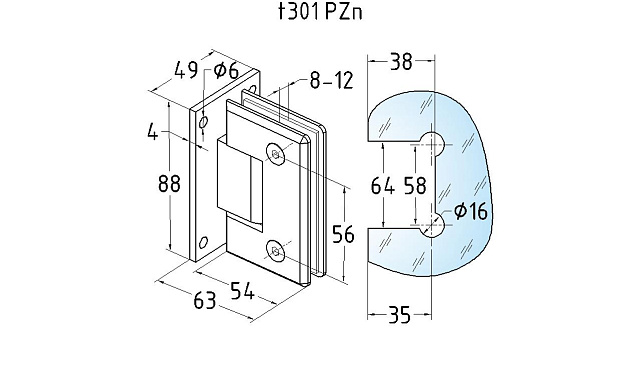 Петля для душевой кабины стена-стекло 90° 90х55 мм цинк, полированная t301 PZn 2