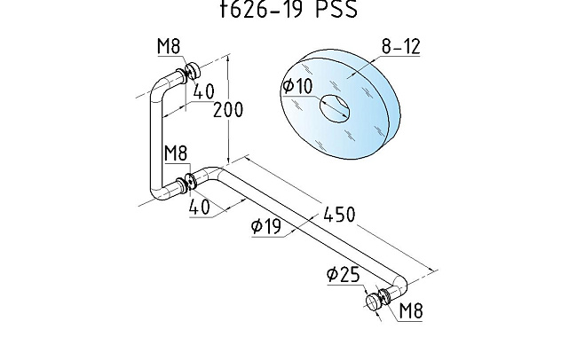 Дверная ручка-скоба 19х450х200 мм, полированная, AISI 304 t626-19 PSS 2 Дверная ручка-скоба 19х450х200 мм, полированная, AISI 304 t626-19 PSS 2
