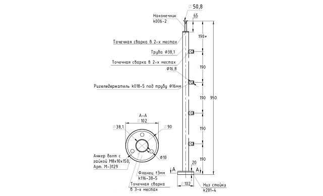 Стойка круглая Ø38.1: 4 ригеледержателя, полированная, высота 950 мм (AISI 304) k714 2