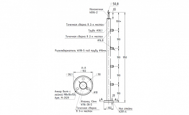 Стойка круглая Ø38.1: 4 ригеледержателя, полированная, высота 950 мм (AISI 304) k714 2 Стойка круглая Ø38.1: 4 ригеледержателя, полированная, высота 950 мм (AISI 304) k714 2
