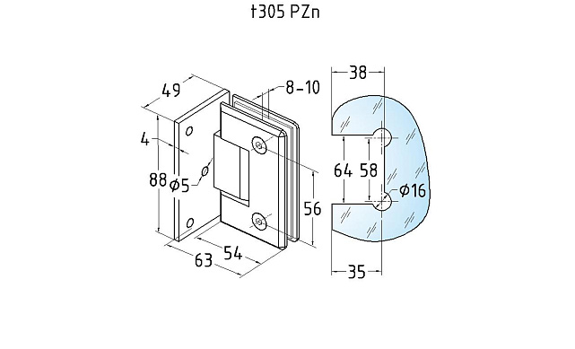 Петля для душевой кабины стена-стекло 90° с односторонним креплением, 90*55, цинк, полированная t305 PZn 3 Петля для душевой кабины стена-стекло 90° с односторонним креплением, 90*55, цинк, полированная t305 PZn 3