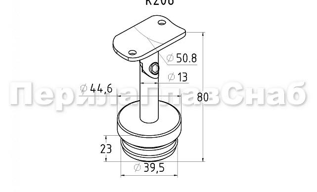 Наконечник палец с алюминиевой системой фиксации на стойке Ø42.4х1.5 мм, регулируемым ложементом под поручень Ø50.8 мм, полированный, литой, нержавеющий AISI 304 k206 2