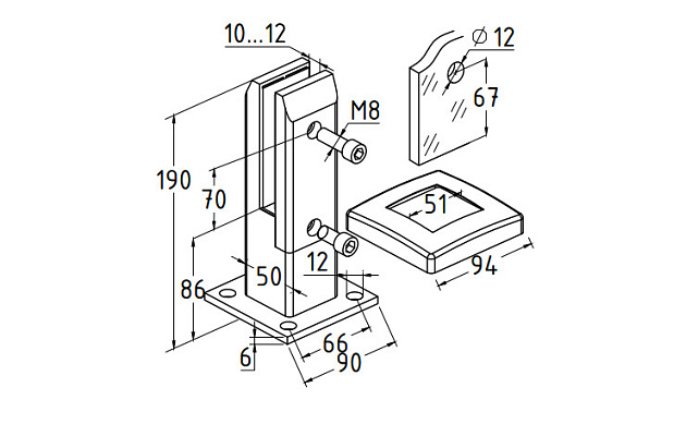 Стеклодержатель литой напольный, плоский 50х50х190 мм, шлифованный (AISI 304) Фk275-2 2 Стеклодержатель литой напольный, плоский 50х50х190 мм, шлифованный (AISI 304) Фk275-2 2