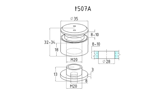 Точечный стеклодержатель 22-26 мм, регулируемый, без зенковки, для стекла 8-10 мм t507A SSS 2 Точечный стеклодержатель 22-26 мм, регулируемый, без зенковки, для стекла 8-10 мм t507A SSS 2