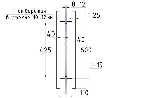 Ручка для стеклянной двери рейлинг двухсторонняя для стекла 8-12 мм, 25х425х600 мм, полированная t633-2-600 PSS 2